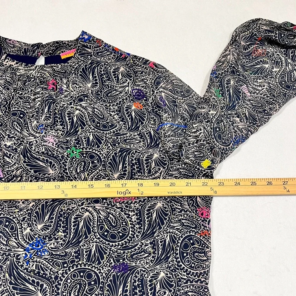 Vilagallo Dress Blue Paisley Art Lightweight Sheer Sleeves Lined Pockets‎ 14/46